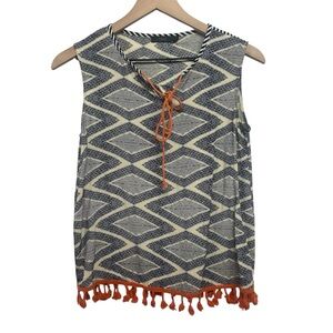 THML Navy and Cream Ikat Patterned Sleeveless Top ,orange fringe S boho beach